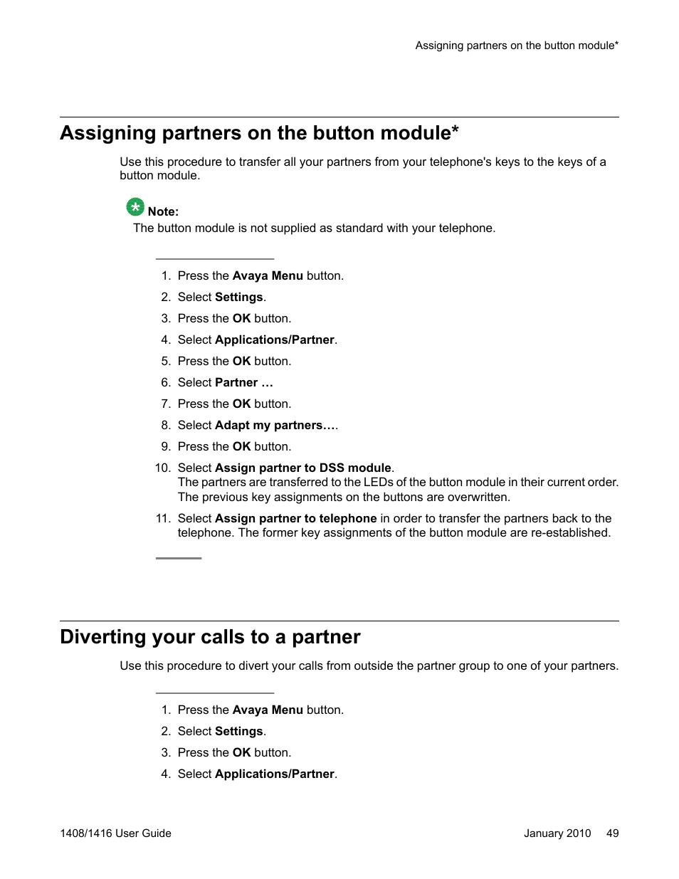 Assigning partners on the button module, Diverting your calls to a partner | Avaya 16-603463 User Manual | Page 49 / 118