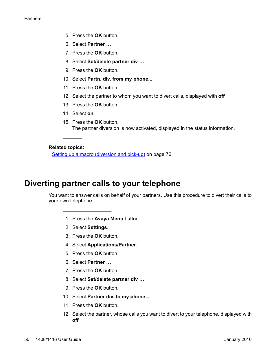 Diverting partner calls to your telephone | Avaya 16-603463 User Manual | Page 50 / 118