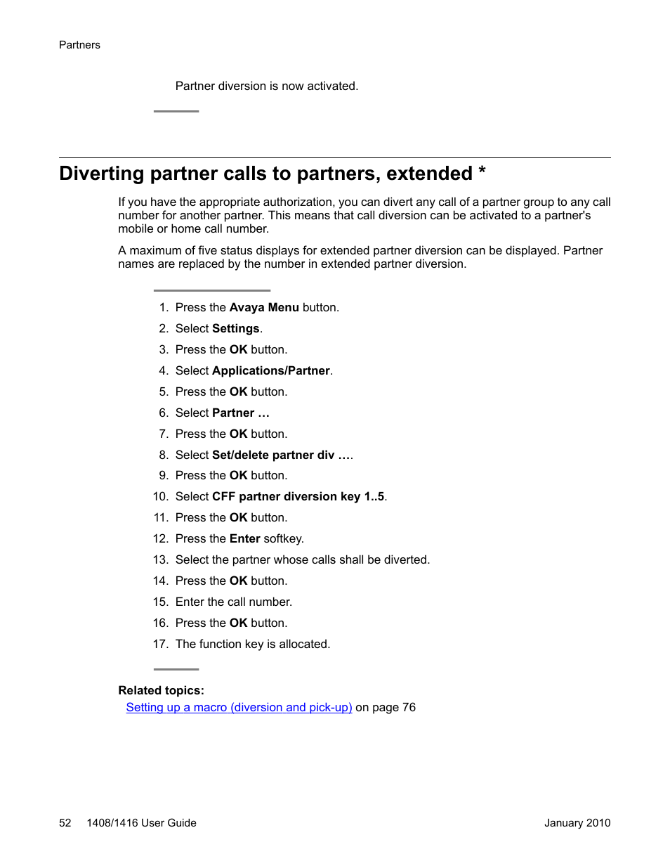 Diverting partner calls to partners, extended | Avaya 16-603463 User Manual | Page 52 / 118