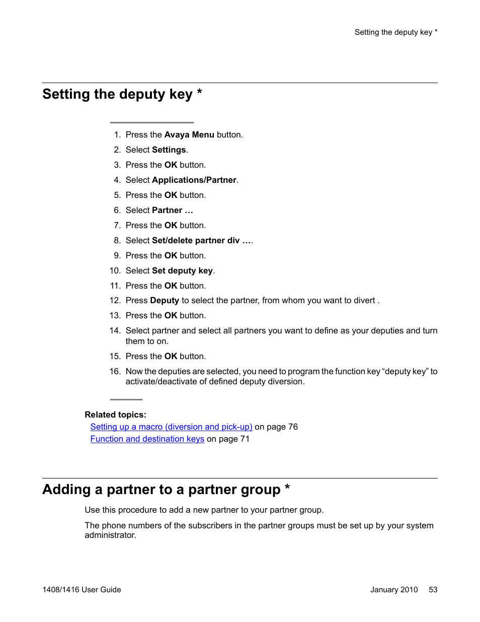 Setting the deputy key, Adding a partner to a partner group | Avaya 16-603463 User Manual | Page 53 / 118