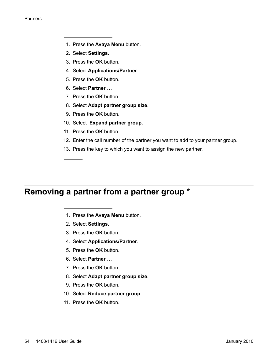 Removing a partner from a partner group | Avaya 16-603463 User Manual | Page 54 / 118