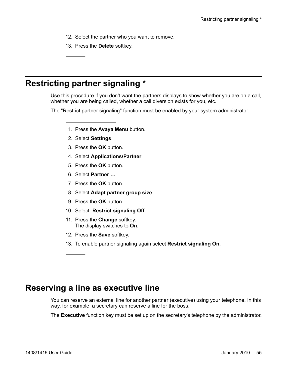 Restricting partner signaling, Reserving a line as executive line | Avaya 16-603463 User Manual | Page 55 / 118
