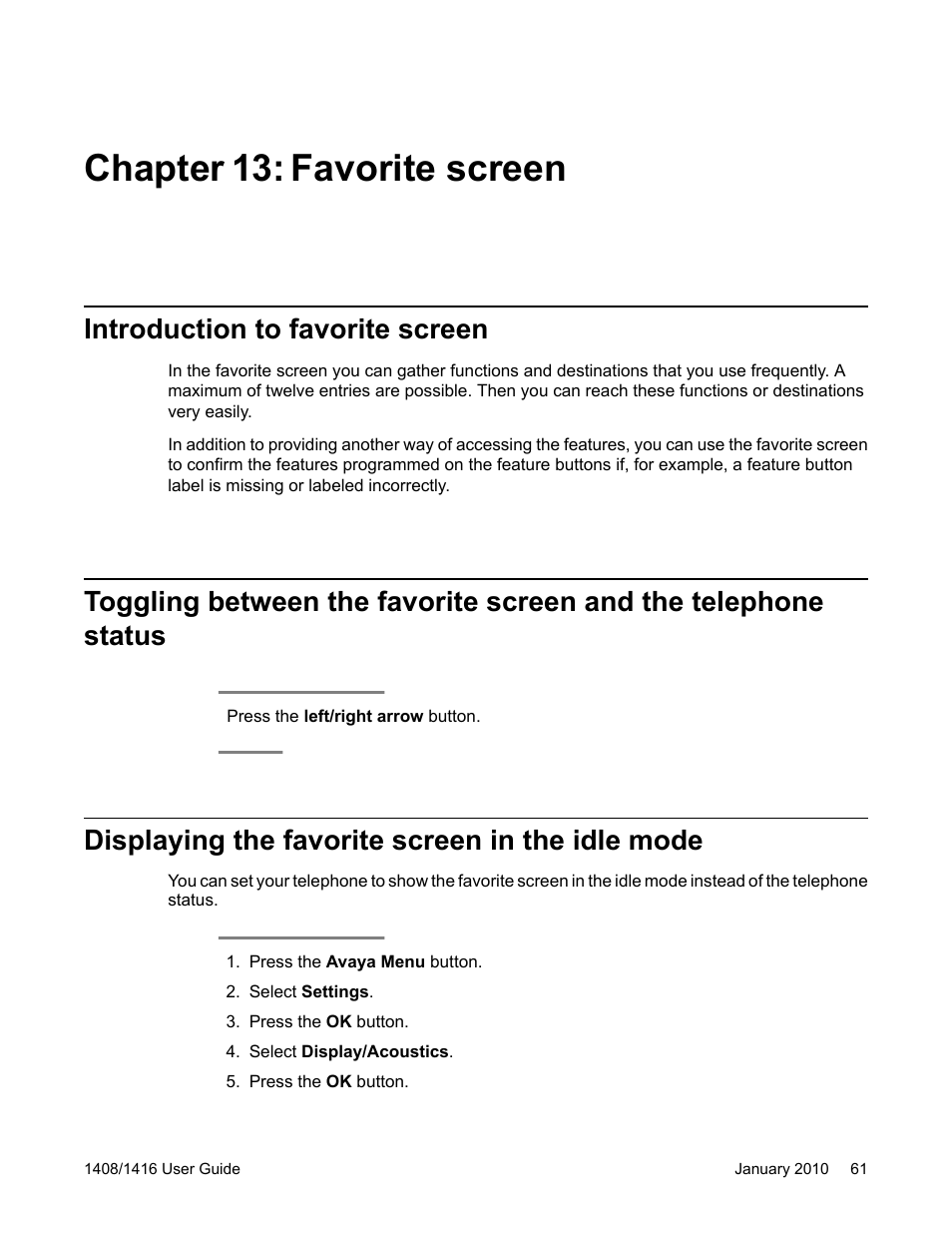 Chapter 13: favorite screen, Introduction to favorite screen, Displaying the favorite screen in the idle mode | Avaya 16-603463 User Manual | Page 61 / 118
