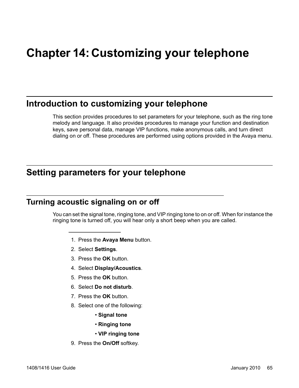Chapter 14: customizing your telephone, Introduction to customizing your telephone, Setting parameters for your telephone | Turning acoustic signaling on or off | Avaya 16-603463 User Manual | Page 65 / 118
