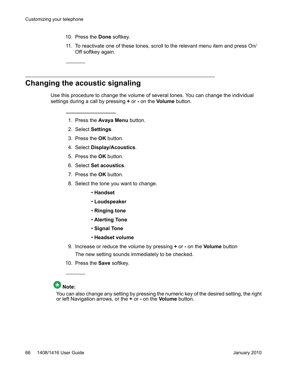 Changing the acoustic signaling | Avaya 16-603463 User Manual | Page 66 / 118