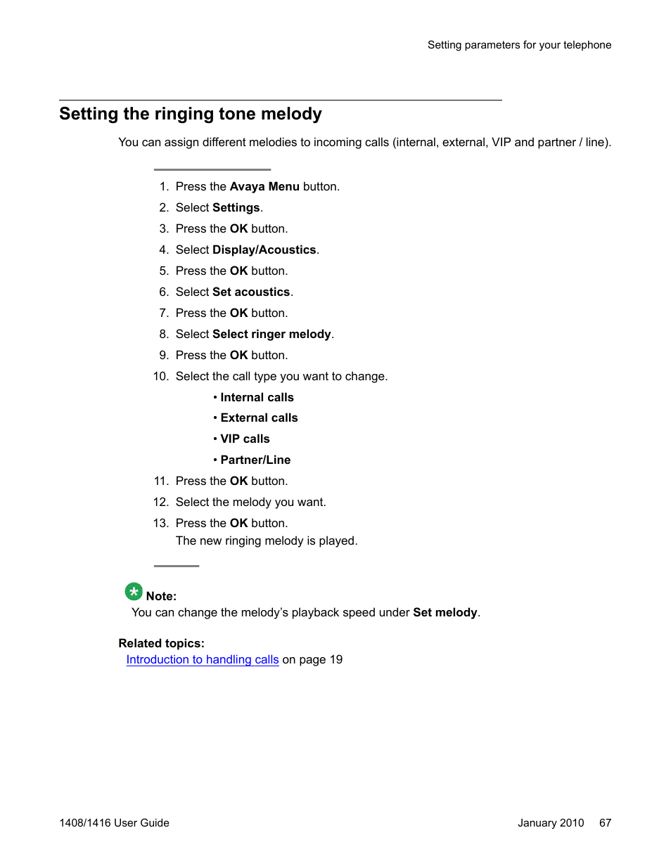 Setting the ringing tone melody | Avaya 16-603463 User Manual | Page 67 / 118