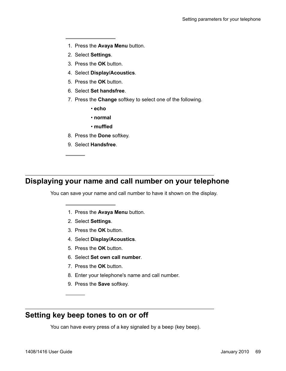 Setting key beep tones to on or off | Avaya 16-603463 User Manual | Page 69 / 118