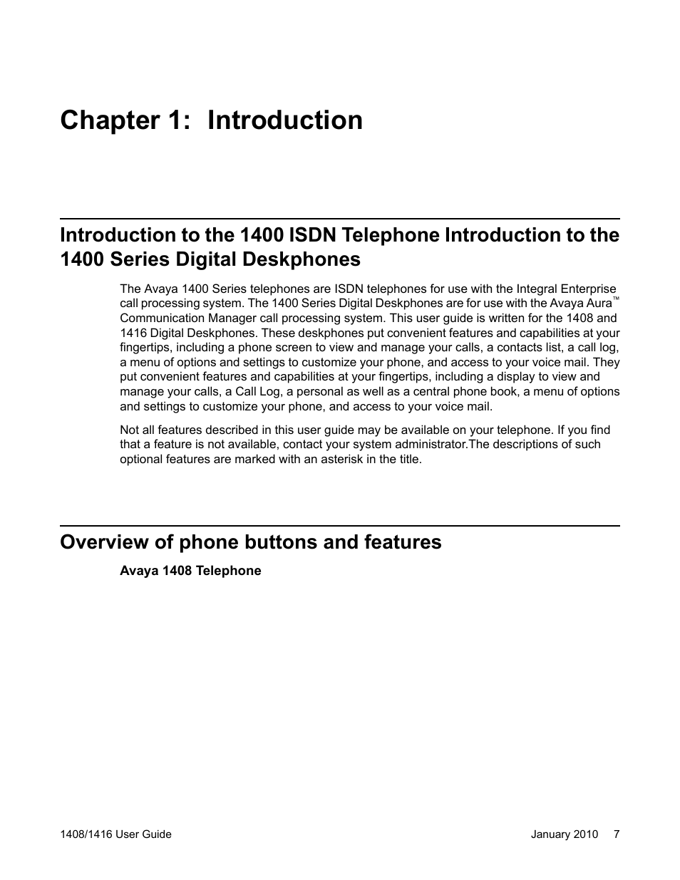 Chapter 1: introduction, Overview of phone buttons and features | Avaya 16-603463 User Manual | Page 7 / 118