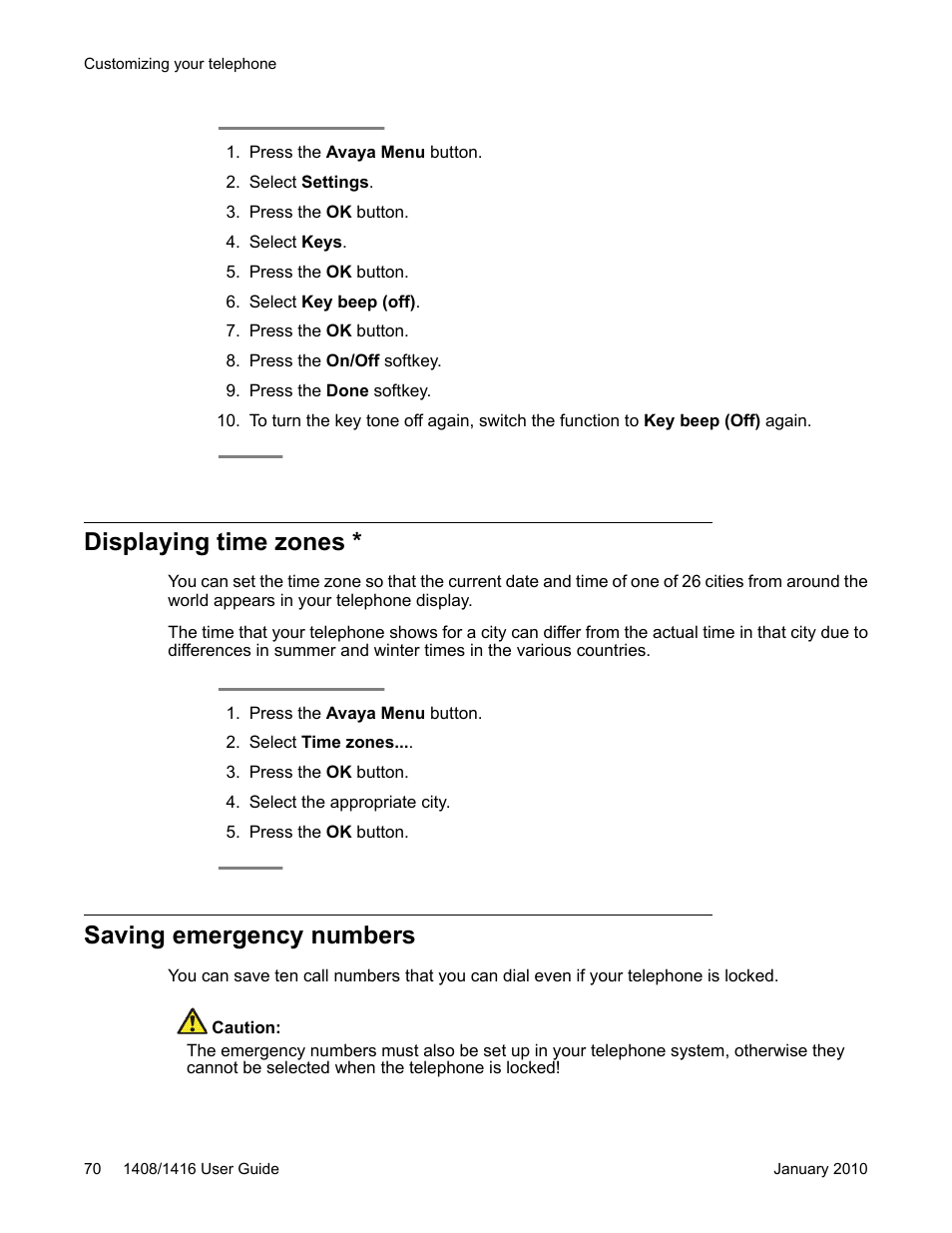 Displaying time zones, Saving emergency numbers, Displaying time zones * saving emergency numbers | Avaya 16-603463 User Manual | Page 70 / 118