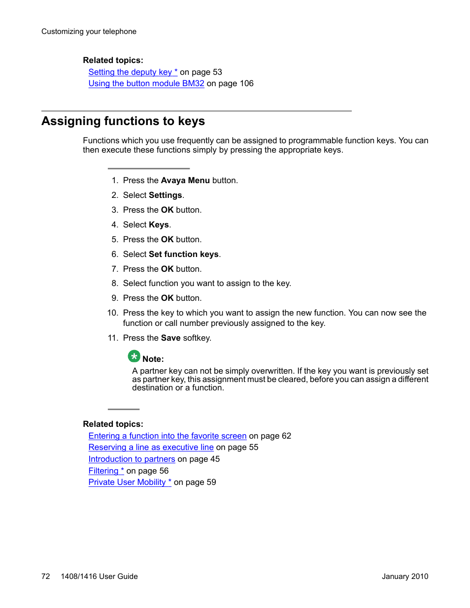 Assigning functions to keys | Avaya 16-603463 User Manual | Page 72 / 118