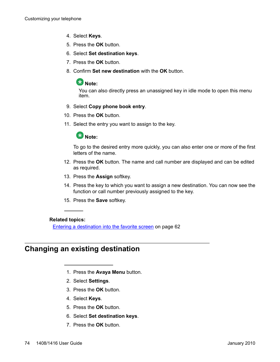 Changing an existing destination | Avaya 16-603463 User Manual | Page 74 / 118