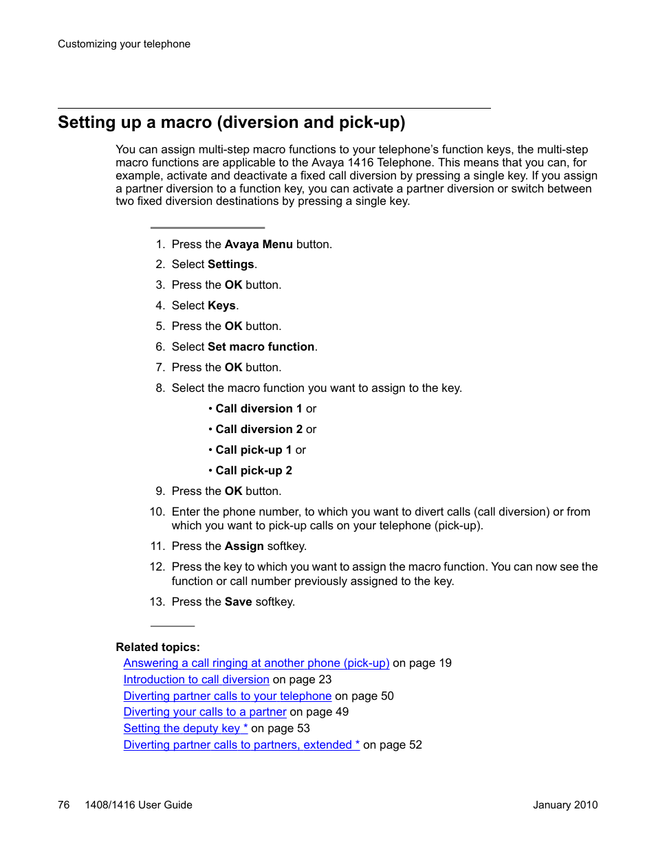 Setting up a macro (diversion and pick-up) | Avaya 16-603463 User Manual | Page 76 / 118