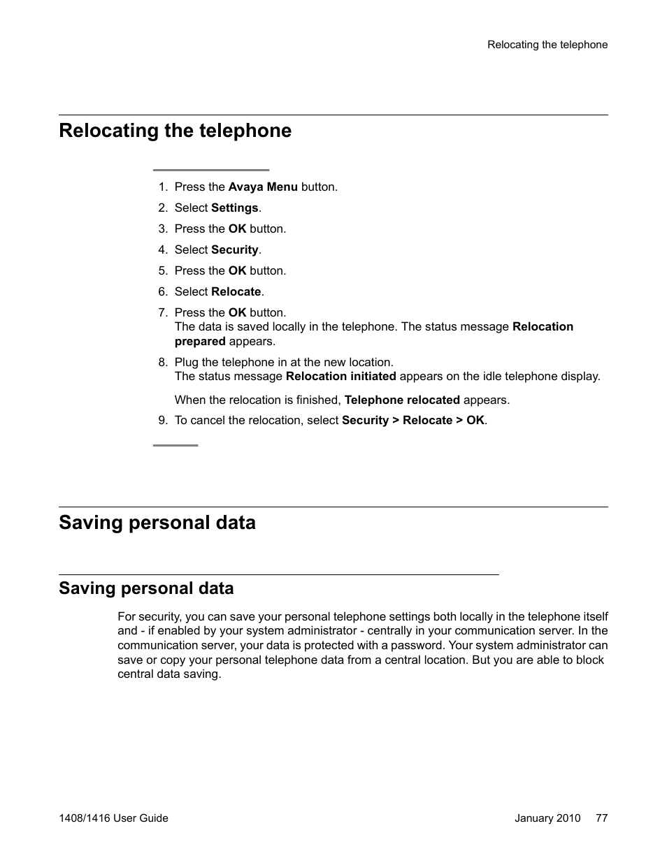 Relocating the telephone, Saving personal data, Relocating the telephone saving personal data | Avaya 16-603463 User Manual | Page 77 / 118
