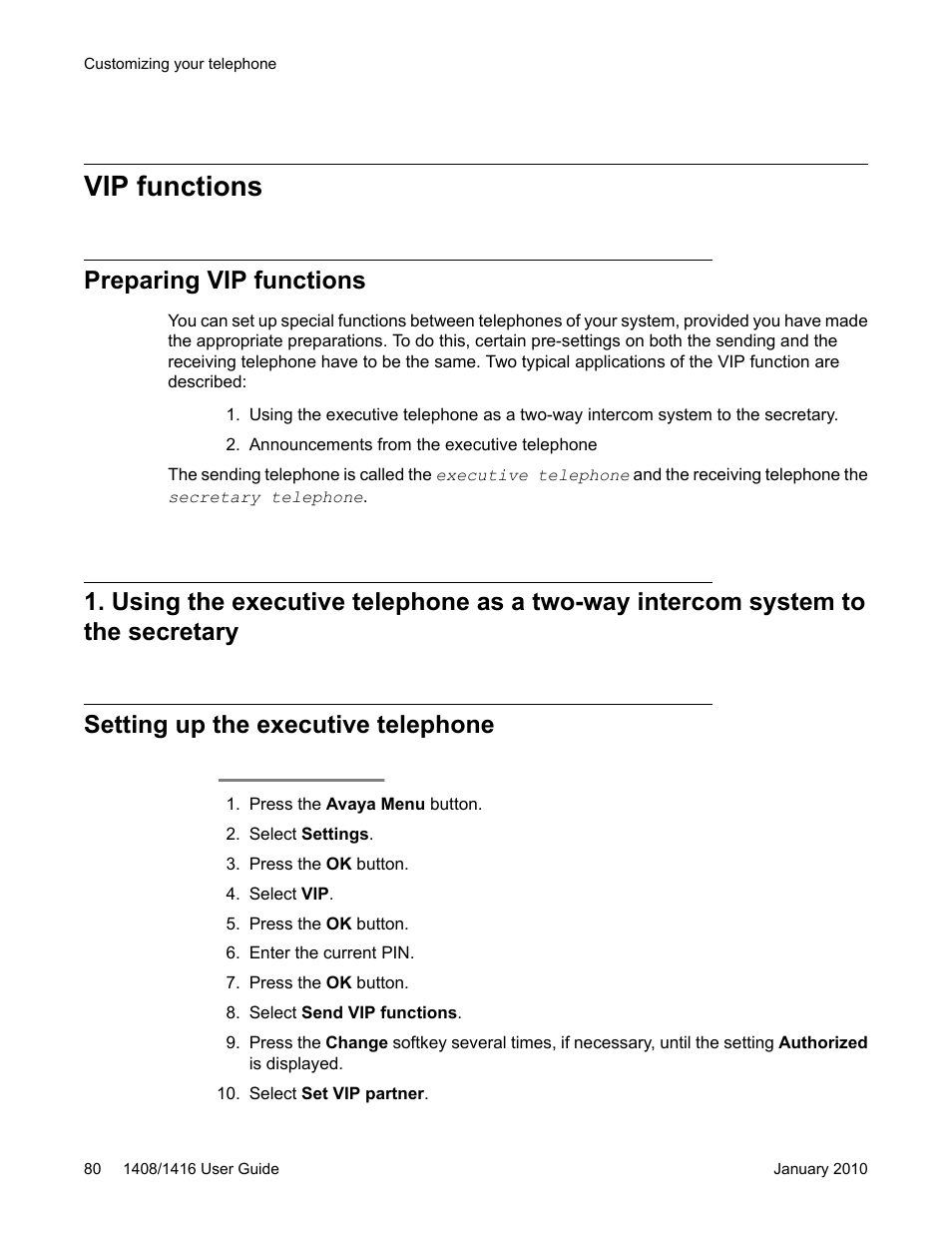 Vip functions, Preparing vip functions, Setting up the executive telephone | Avaya 16-603463 User Manual | Page 80 / 118