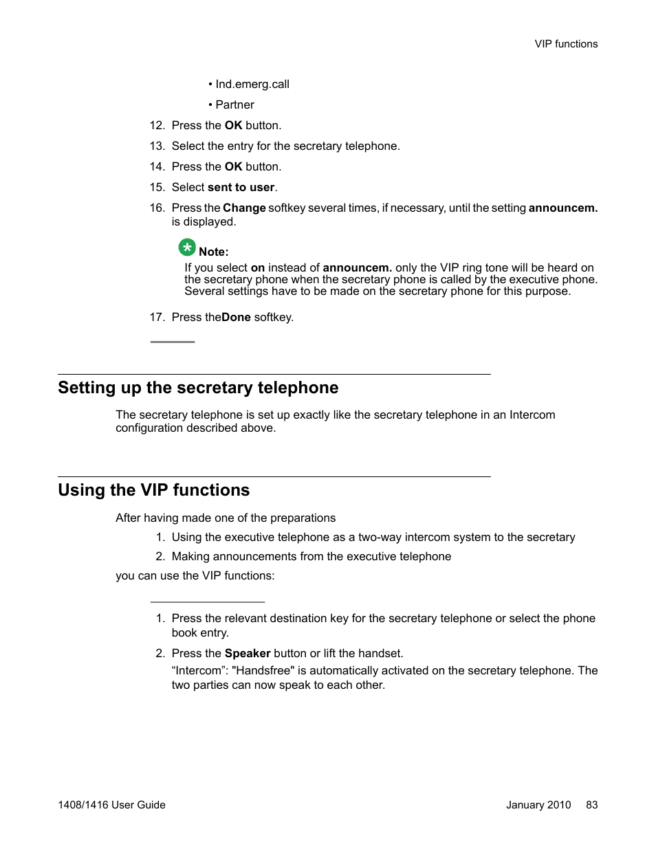 Setting up the secretary telephone, Using the vip functions | Avaya 16-603463 User Manual | Page 83 / 118