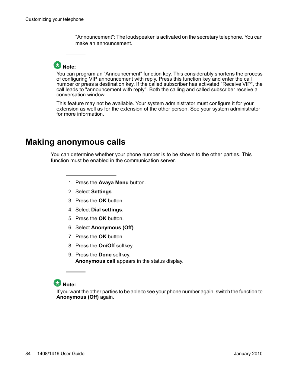 Making anonymous calls | Avaya 16-603463 User Manual | Page 84 / 118