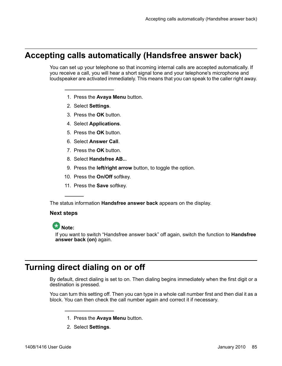 Turning direct dialing on or off | Avaya 16-603463 User Manual | Page 85 / 118