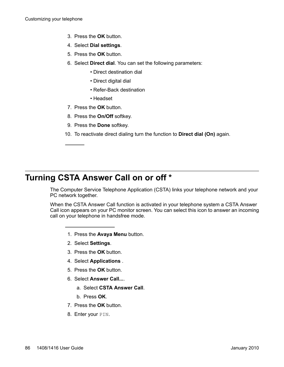 Turning csta answer call on or off | Avaya 16-603463 User Manual | Page 86 / 118