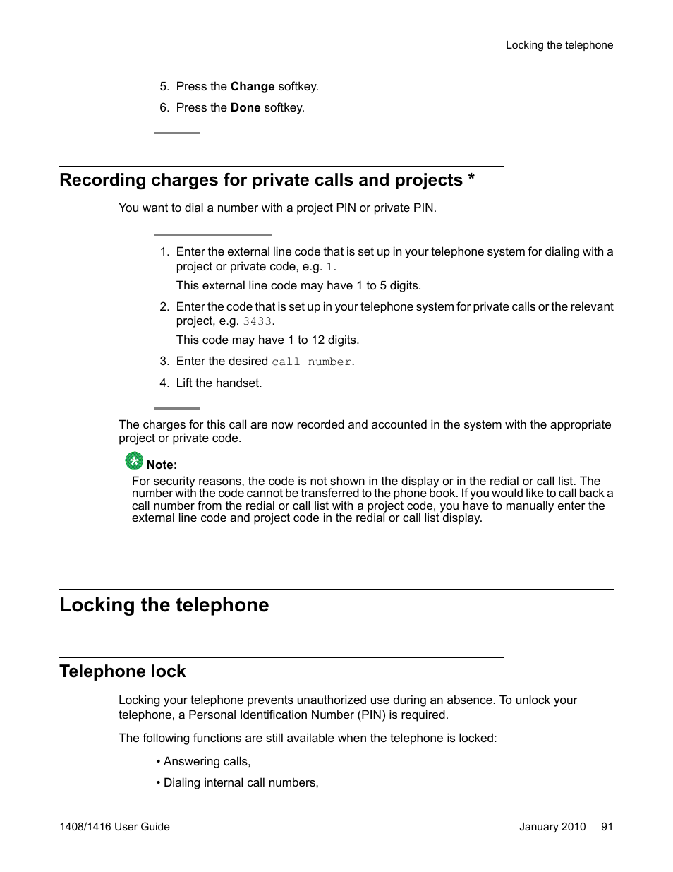 Recording charges for private calls and projects, Locking the telephone, Telephone lock | Avaya 16-603463 User Manual | Page 91 / 118