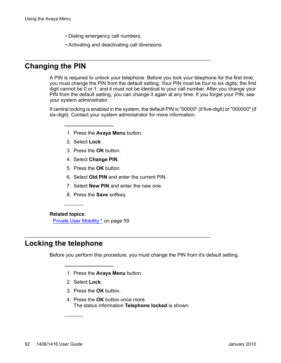 Changing the pin, Locking the telephone, Changing the pin locking the telephone | Avaya 16-603463 User Manual | Page 92 / 118