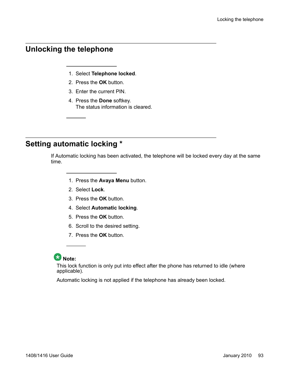 Unlocking the telephone, Setting automatic locking, Unlocking the telephone setting automatic locking | Avaya 16-603463 User Manual | Page 93 / 118