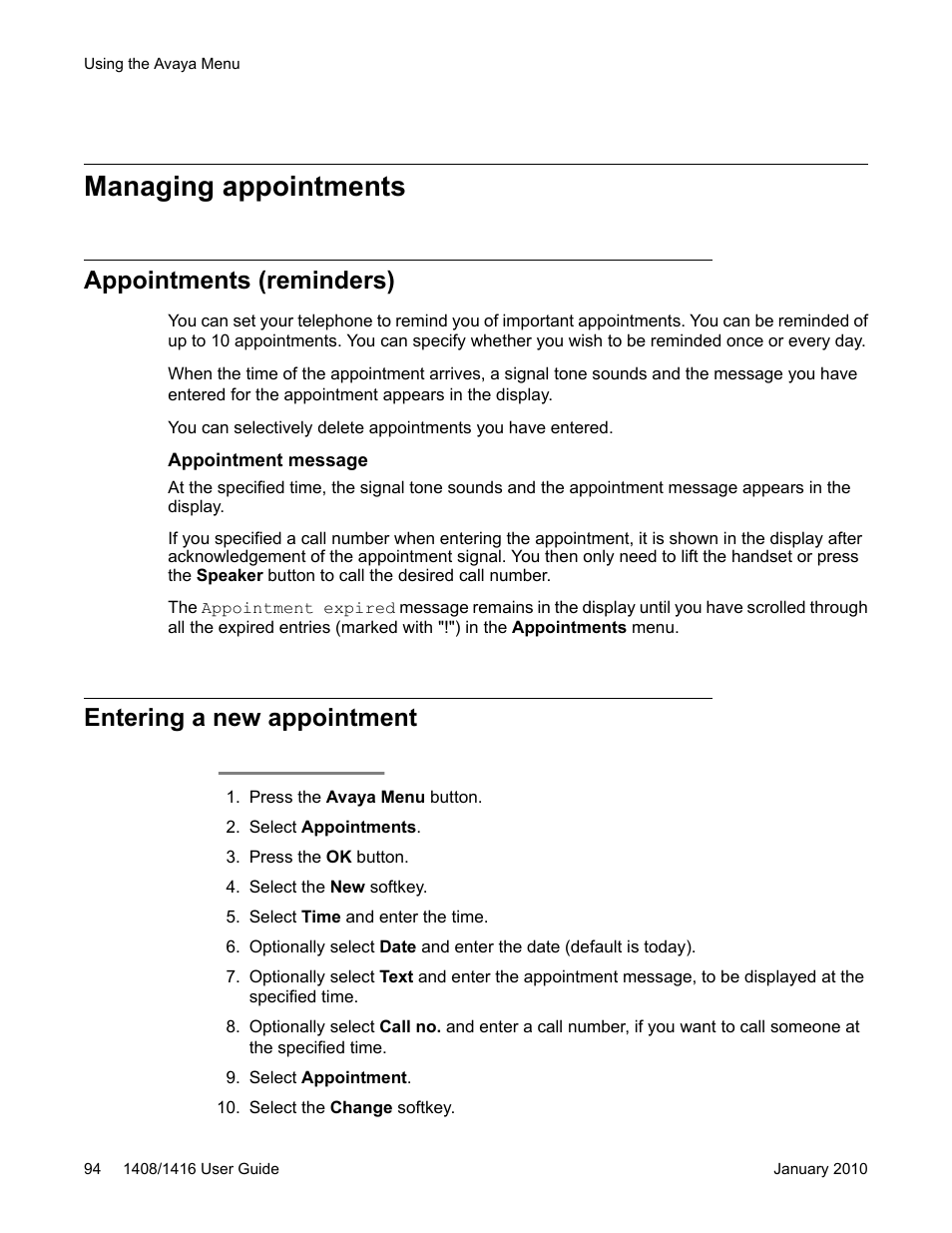Managing appointments, Appointments (reminders), Entering a new appointment | Avaya 16-603463 User Manual | Page 94 / 118