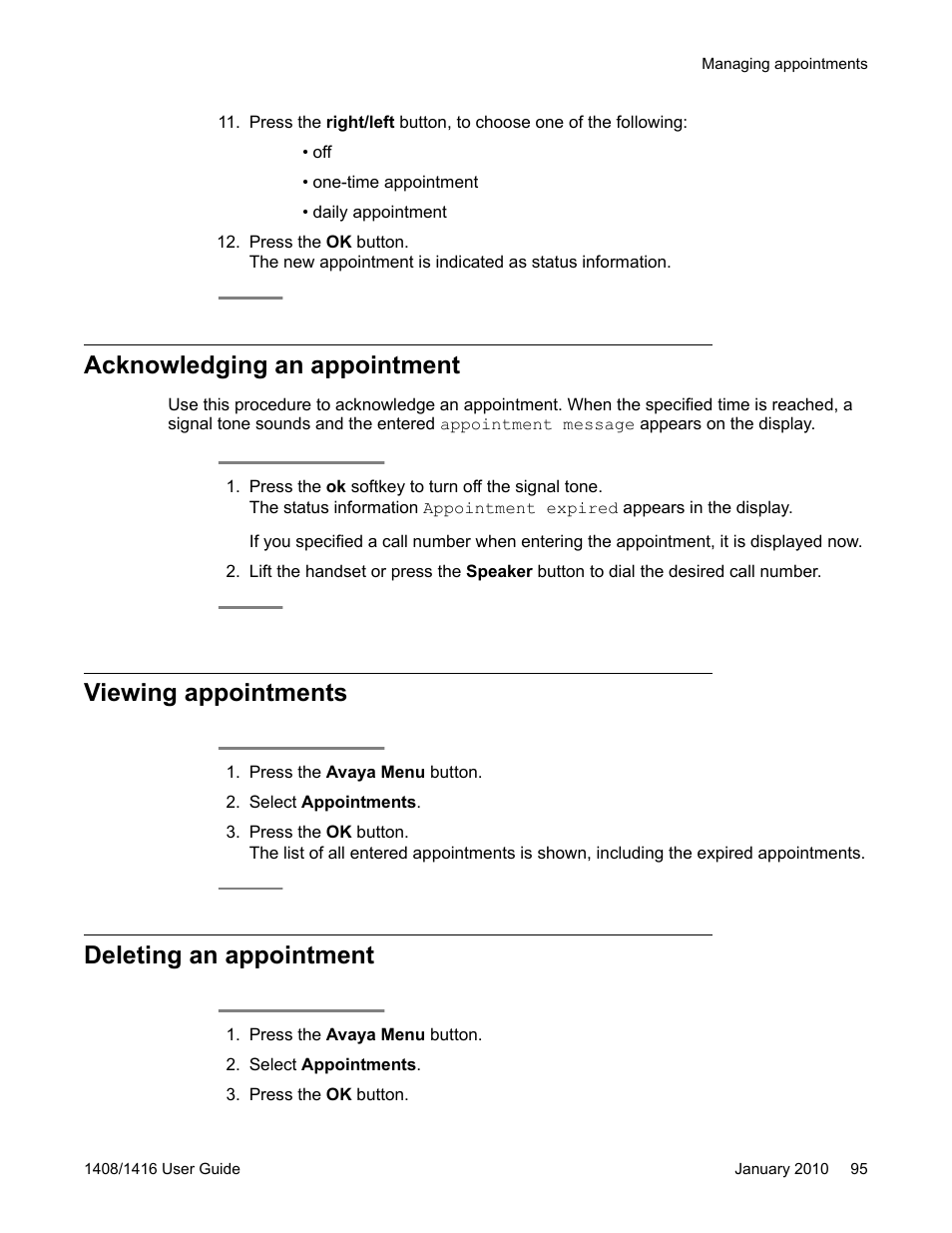 Acknowledging an appointment, Viewing appointments, Deleting an appointment | Avaya 16-603463 User Manual | Page 95 / 118