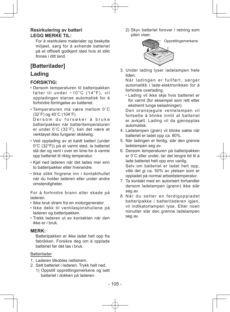 Batterilader] lading, 105 - resirkulering av batteri legg merke til, Forsiktig | Merk | Panasonic EY7940 User Manual | Page 105 / 121