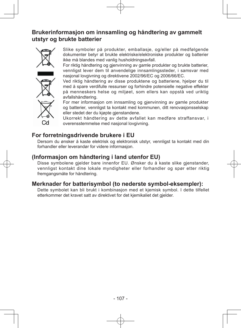 For forretningsdrivende brukere i eu, Informasjon om håndtering i land utenfor eu) | Panasonic EY7940 User Manual | Page 107 / 121