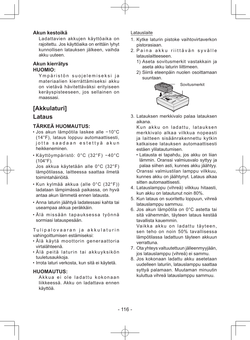 Akkulaturi] lataus, 116 - akun kestoikä, Akun kierrätys huomio | Tärkeä huomautus, Huomautus | Panasonic EY7940 User Manual | Page 116 / 121