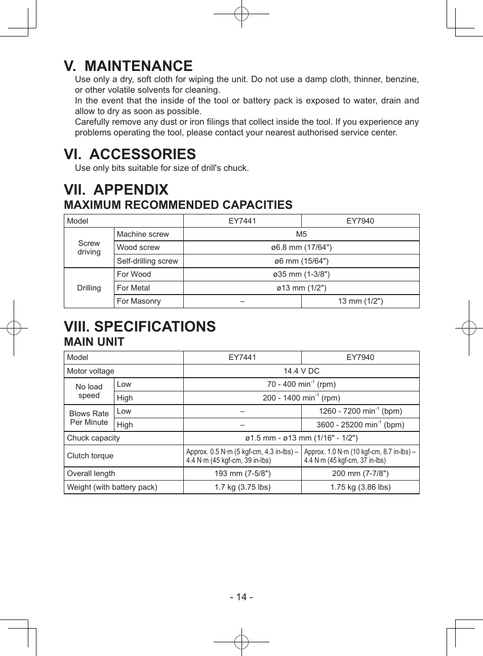 V. maintenance, Vi. accessories, Vii. appendix | Viii. specifications, Maximum recommended capacities, Main unit | Panasonic EY7940 User Manual | Page 14 / 121
