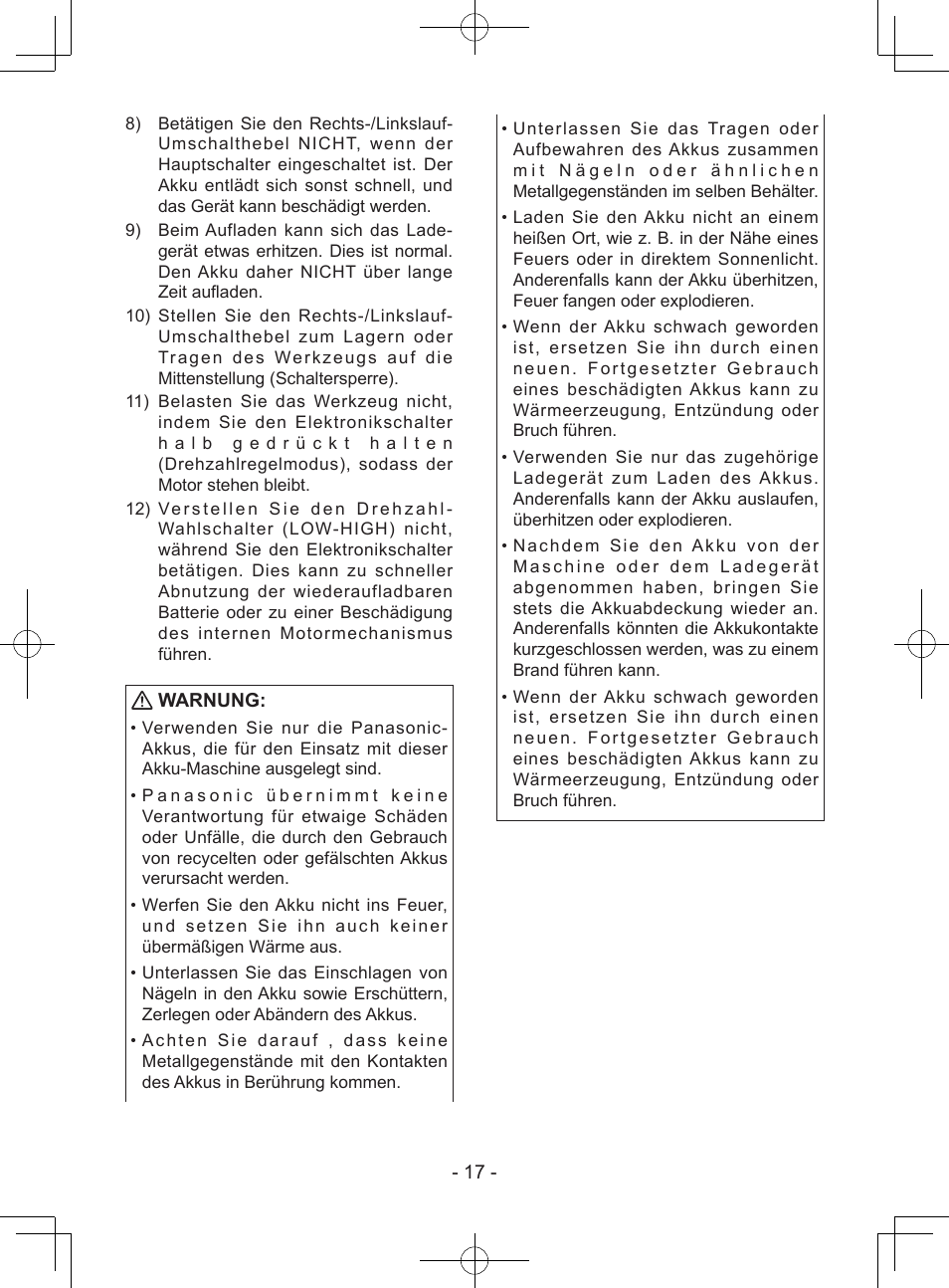 Warnung | Panasonic EY7940 User Manual | Page 17 / 121