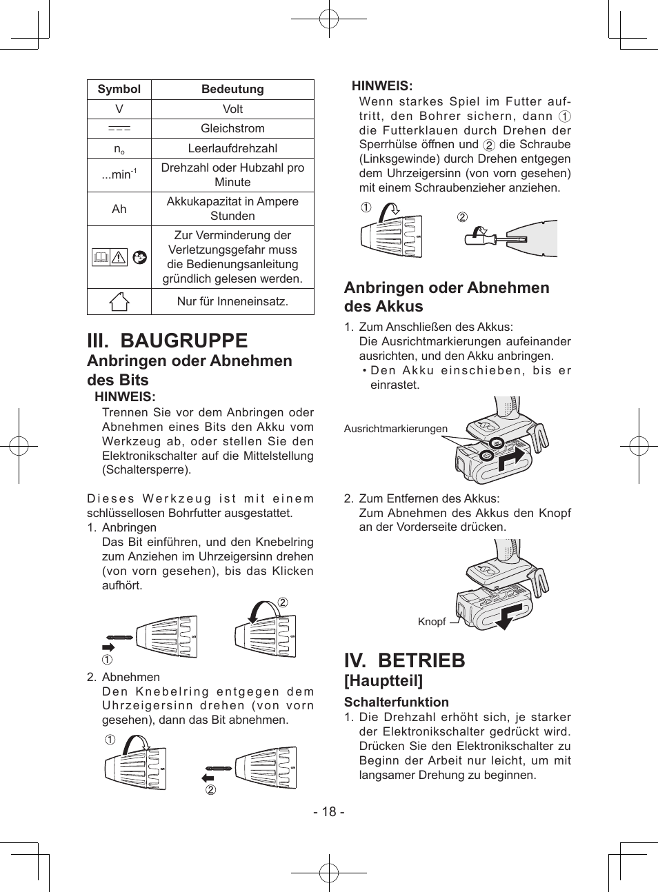 Iii. baugruppe, Iv. betrieb, Anbringen oder abnehmen des bits | Anbringen oder abnehmen des akkus, Hauptteil | Panasonic EY7940 User Manual | Page 18 / 121