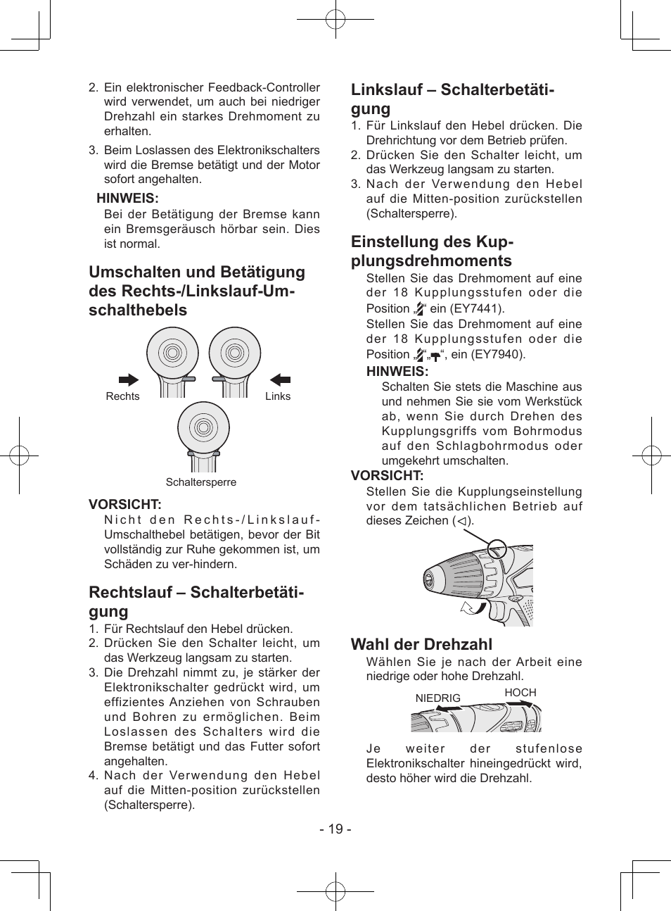 Rechtslauf – schalterbetäti- gung, Linkslauf – schalterbetäti- gung, Einstellung des kup- plungsdrehmoments | Wahl der drehzahl | Panasonic EY7940 User Manual | Page 19 / 121