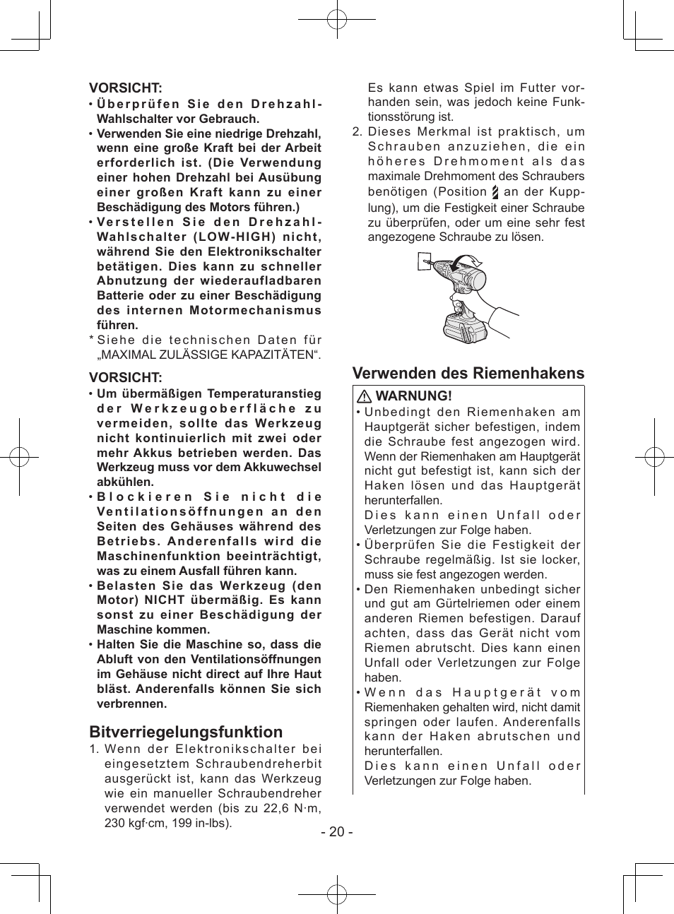 Bitverriegelungsfunktion, Verwenden des riemenhakens, 20 - vorsicht | Vorsicht, Warnung | Panasonic EY7940 User Manual | Page 20 / 121