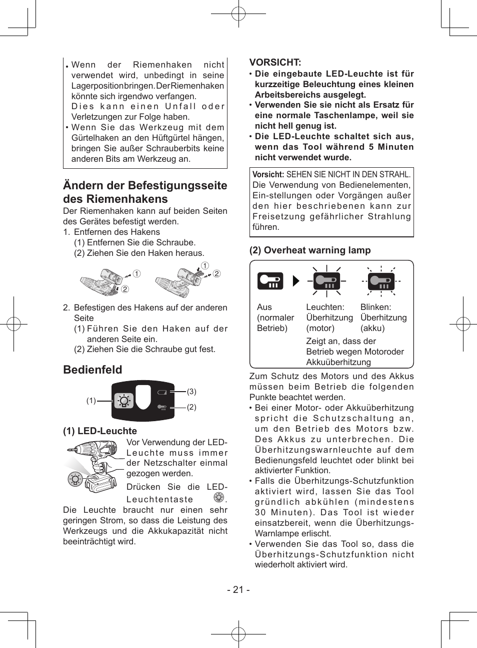 Ändern der befestigungsseite des riemenhakens, Bedienfeld, 1) led-leuchte | Vorsicht, 2) overheat warning lamp | Panasonic EY7940 User Manual | Page 21 / 121