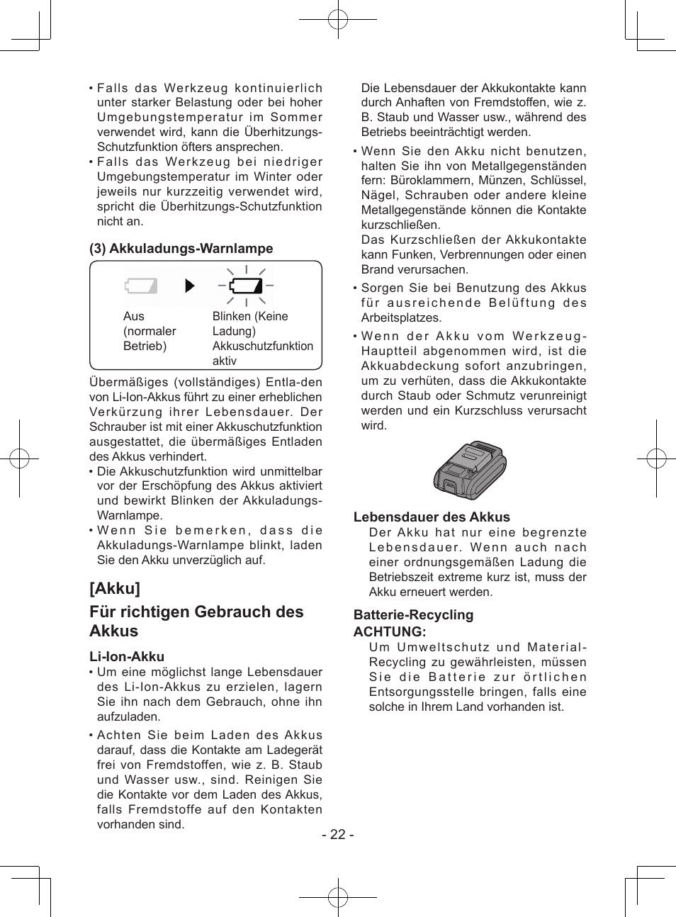 Akku] für richtigen gebrauch des akkus, 3) akkuladungs-warnlampe, Li-ion-akku | Lebensdauer des akkus, Batterie-recycling achtung | Panasonic EY7940 User Manual | Page 22 / 121