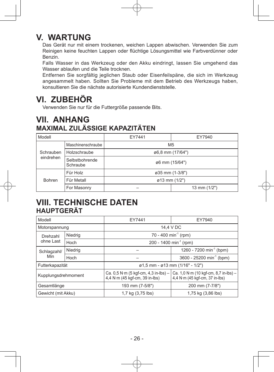 V. wartung, Vi. zubehör, Vii. anhang | Viii. technische daten, Maximal zulässige kapazitäten, Hauptgerät | Panasonic EY7940 User Manual | Page 26 / 121