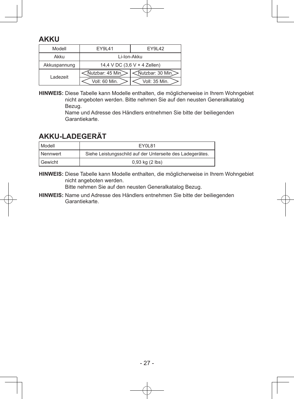 Akku, Akku-ladegerät | Panasonic EY7940 User Manual | Page 27 / 121