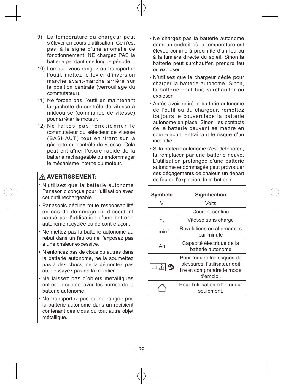 Avertissement | Panasonic EY7940 User Manual | Page 29 / 121