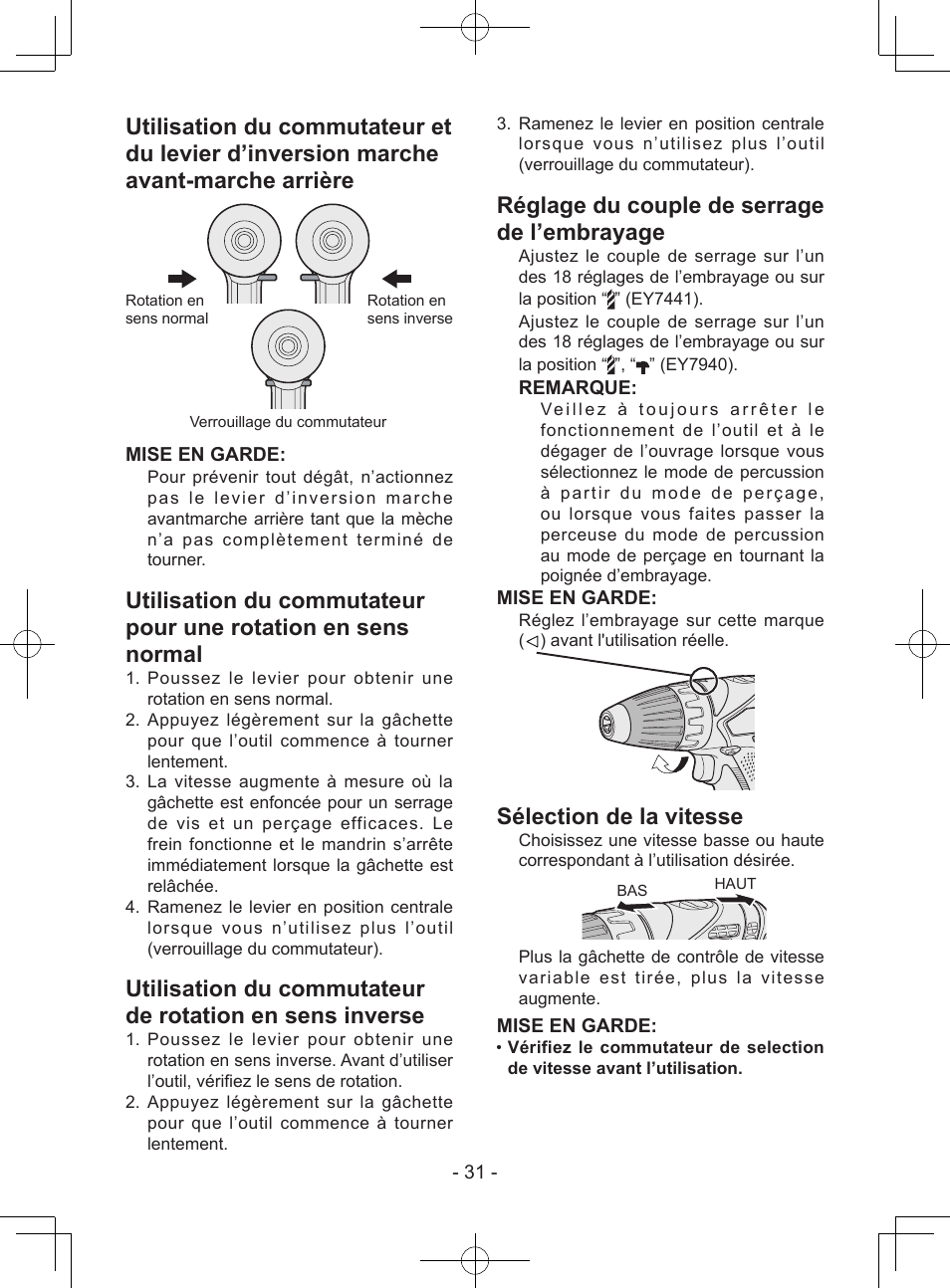 Réglage du couple de serrage de l’embrayage, Sélection de la vitesse | Panasonic EY7940 User Manual | Page 31 / 121