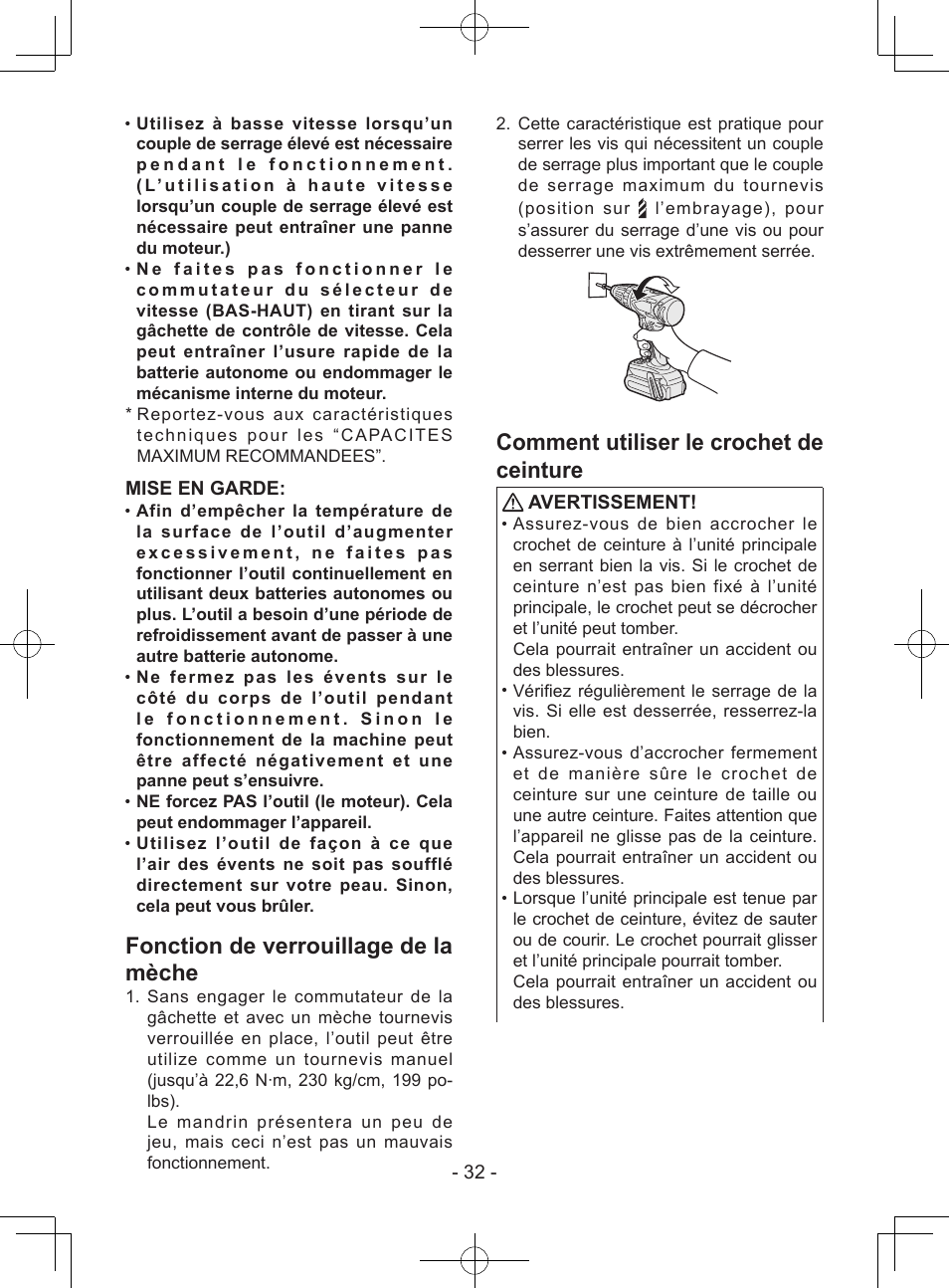 Fonction de verrouillage de la mèche, Comment utiliser le crochet de ceinture, Mise en garde | Avertissement | Panasonic EY7940 User Manual | Page 32 / 121