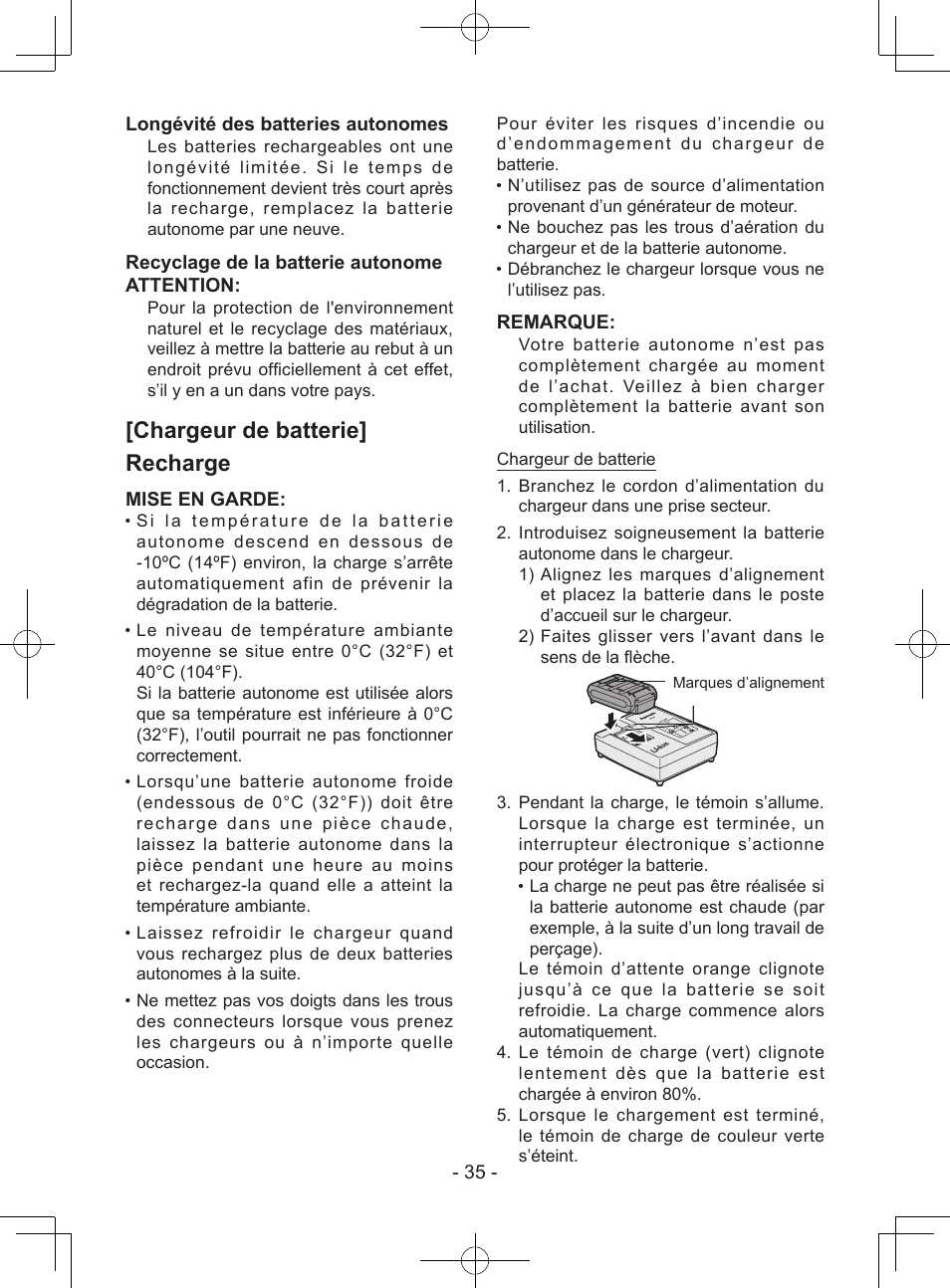 Chargeur de batterie] recharge, 35 - longévité des batteries autonomes, Recyclage de la batterie autonome attention | Mise en garde, Remarque | Panasonic EY7940 User Manual | Page 35 / 121