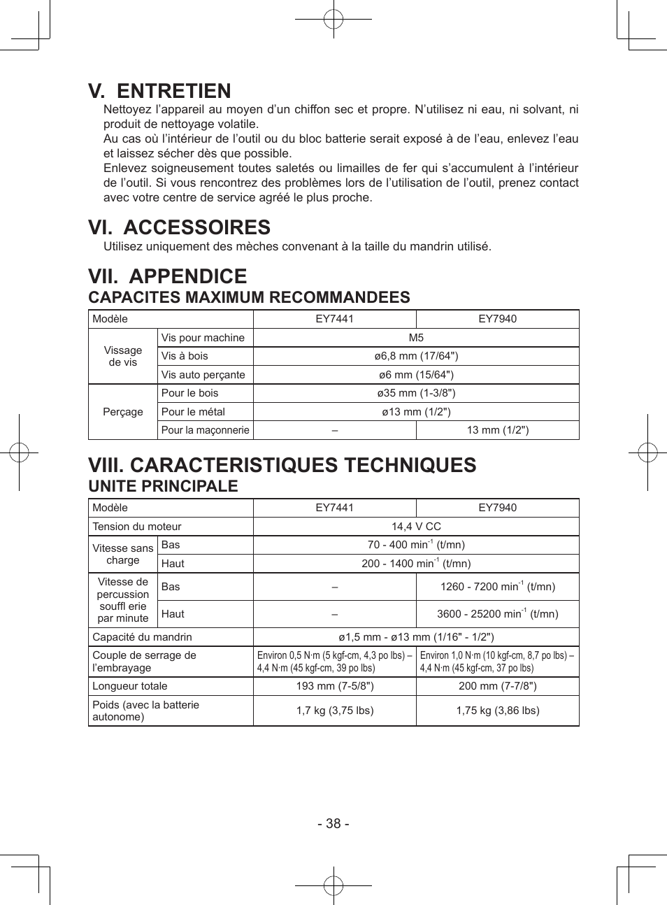 V. entretien, Vi. accessoires, Vii. appendice | Viii. caracteristiques techniques, Capacites maximum recommandees, Unite principale | Panasonic EY7940 User Manual | Page 38 / 121