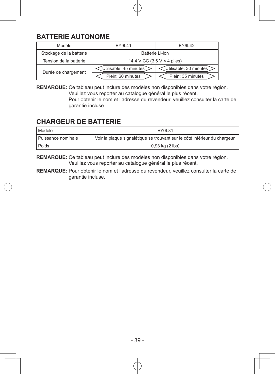 Batterie autonome, Chargeur de batterie | Panasonic EY7940 User Manual | Page 39 / 121