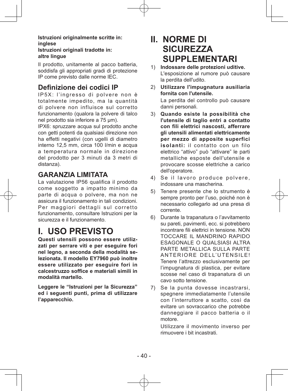 I. uso previsto, Ii. norme di sicurezza supplementari, Definizione dei codici ip | Garanzia limitata | Panasonic EY7940 User Manual | Page 40 / 121