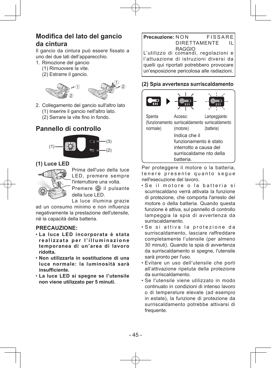 Modifica del lato del gancio da cintura, Pannello di controllo, 1) luce led | Precauzione, 2) spia avvertenza surriscaldamento | Panasonic EY7940 User Manual | Page 45 / 121