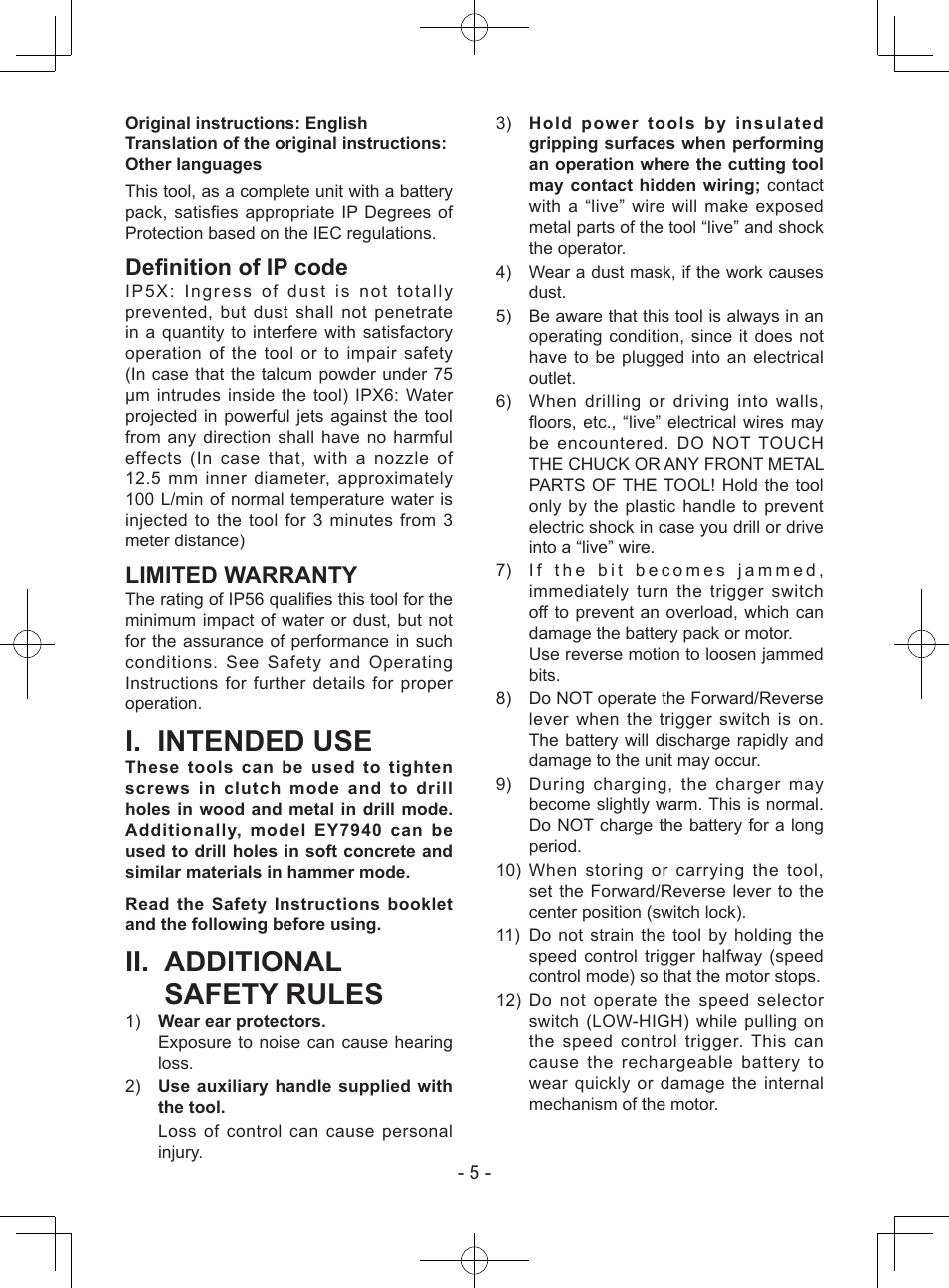 I. intended use, Ii. additional safety rules, Definition of ip code | Limited warranty | Panasonic EY7940 User Manual | Page 5 / 121