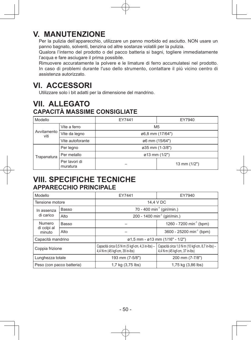 V. manutenzione, Vi. accessori, Vii. allegato | Viii. specifiche tecniche, Capacità massime consigliate, Apparecchio principale | Panasonic EY7940 User Manual | Page 50 / 121