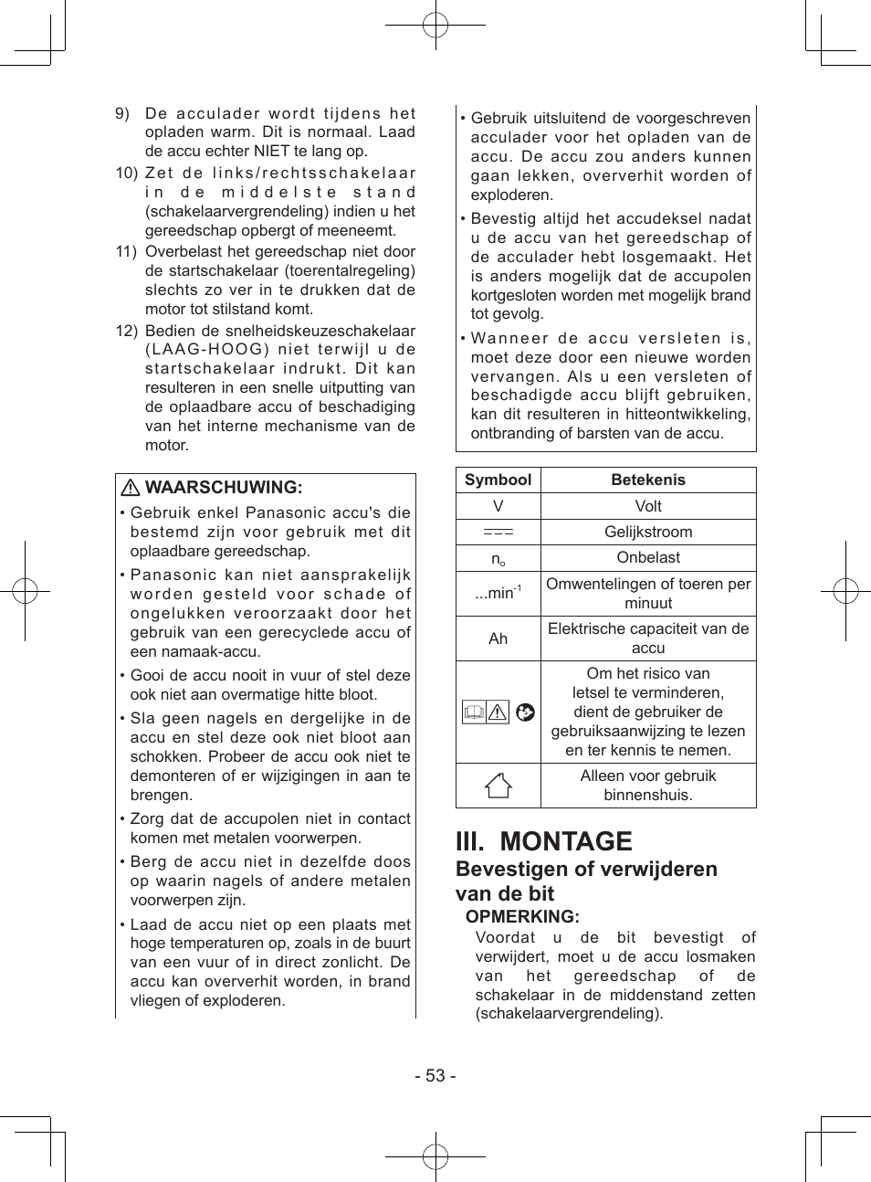 Iii. montage, Bevestigen of verwijderen van de bit, Waarschuwing | Opmerking | Panasonic EY7940 User Manual | Page 53 / 121